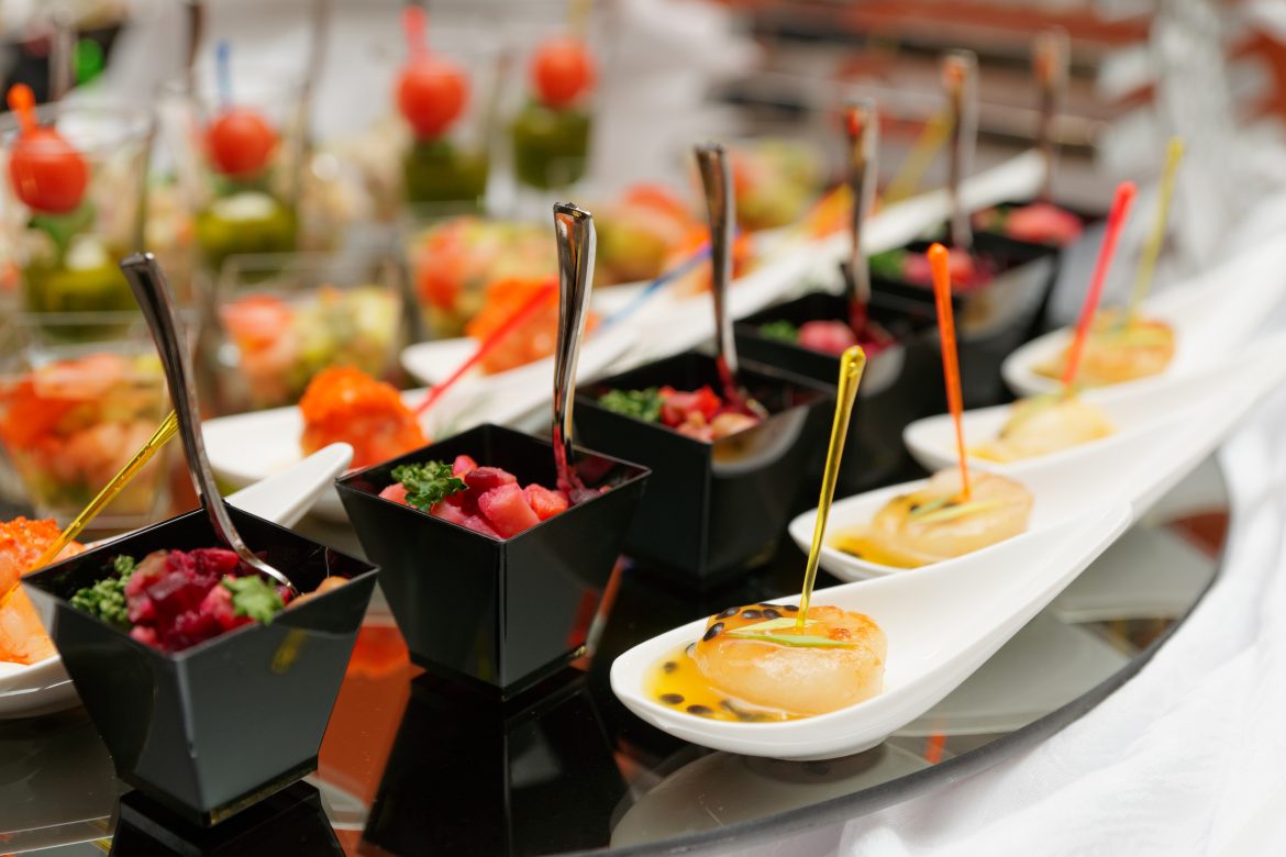Catering Elegant finger food bites in a colorful and textured presentation, perfect for an event or corporate gathering.